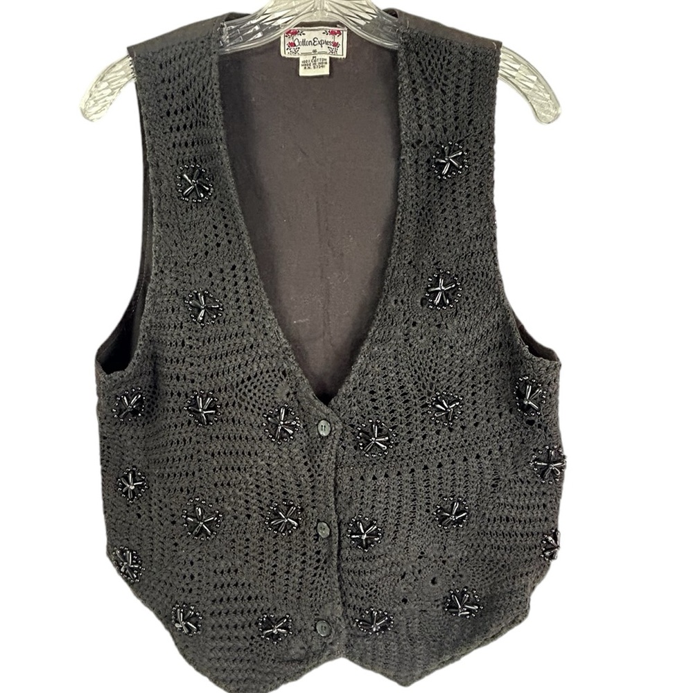 Cotton Express Black Crocheted Beaded Vest Sweater Granny Cottage Cardigan SZ M